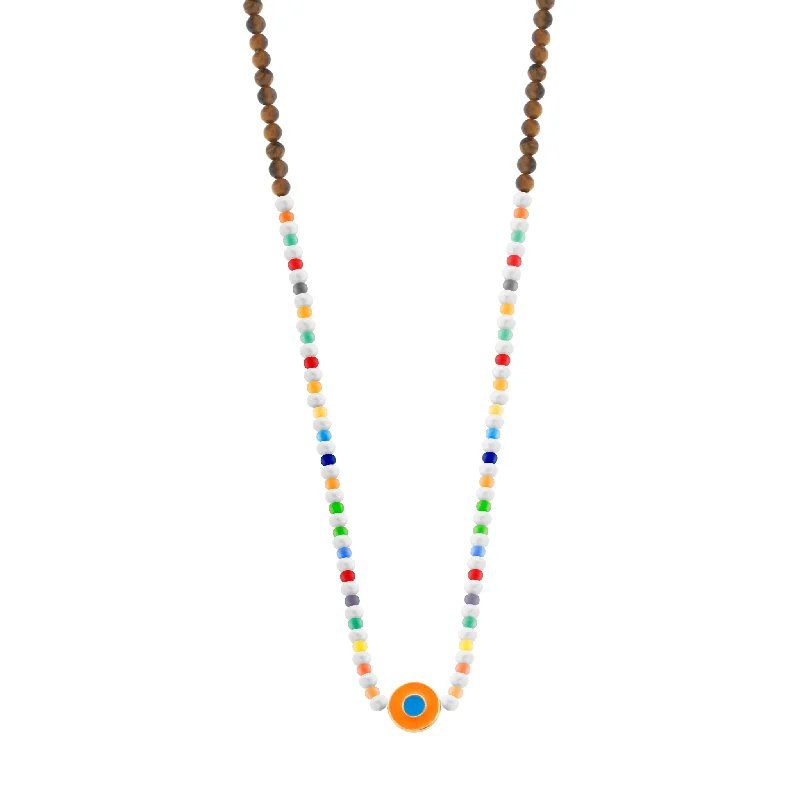 Antique Necklaces-Enameled Neon Orange Evil Eye Disk on Beaded Necklace