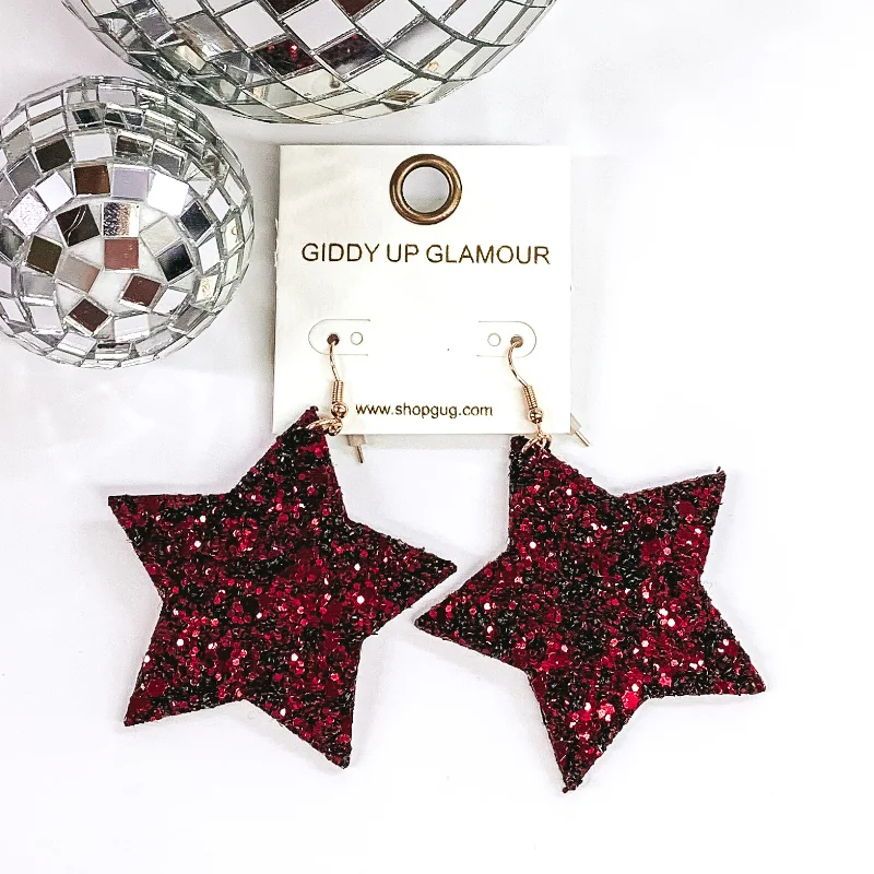 Personalized Silver Earrings for Women-Glitter Star Earrings in Burgundy