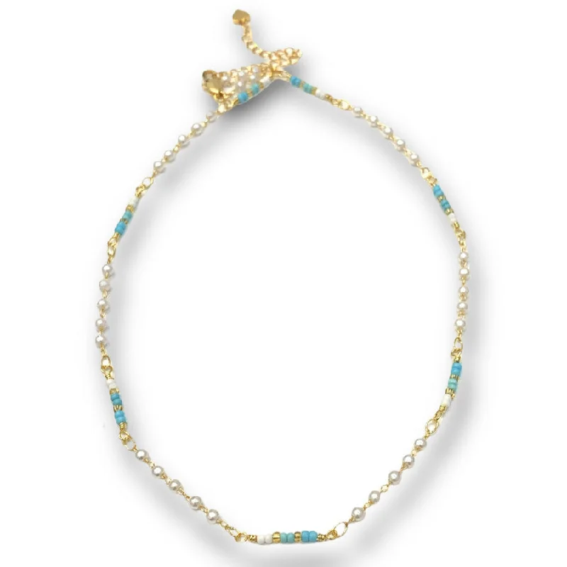 Birthstone Necklaces-Pearl + Turquoise Aria Delicate Miyuki Beaded Necklace