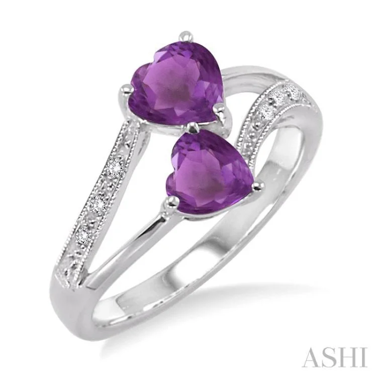 Designer Vintage Wedding Bands-5&6 mm Heart Shape Amethyst and 1/50 Ctw Single Cut Diamond Ring in Sterling Silver