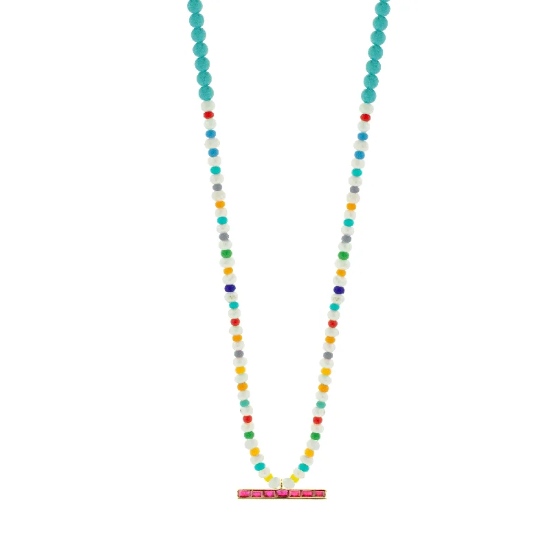 Trendy Necklaces-Ruby Baguette ID Bar on Beaded Necklace