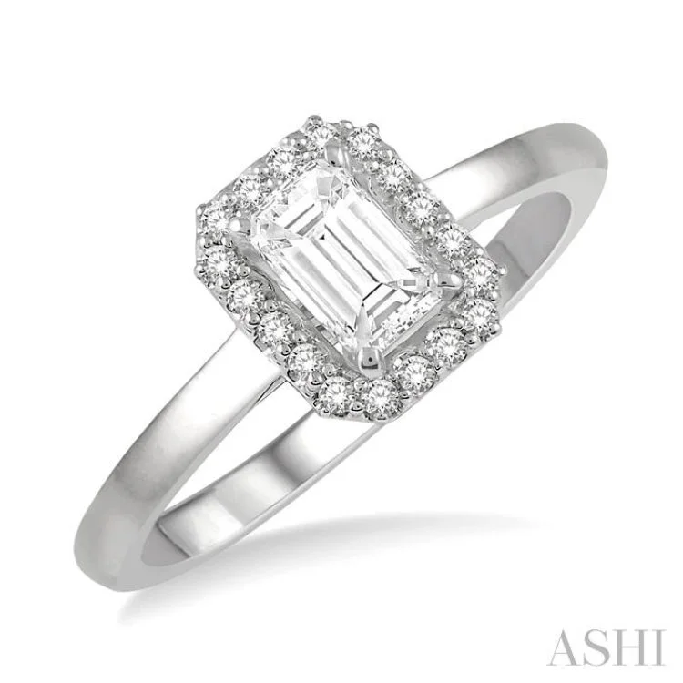 Custom Engagement Rings for Women-1/3 Ctw Round Cut Diamond Engagement Ring With 1/4 ct Emerald Cut Center Stone in 14K White Gold