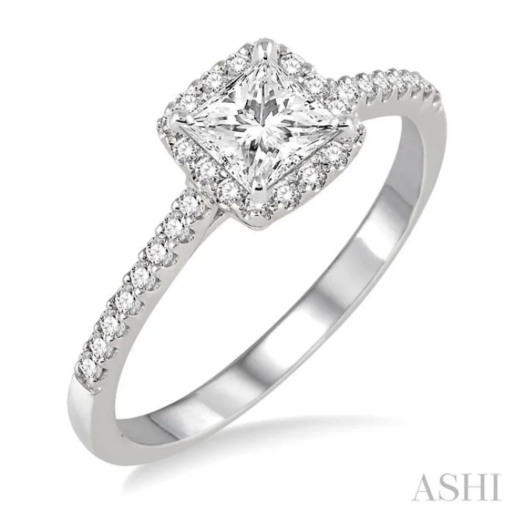 Affordable Promise Wedding Rings-1/2 Ctw Diamond Engagement Ring with 1/4 Ct Princess Cut Center Stone in 14K White Gold