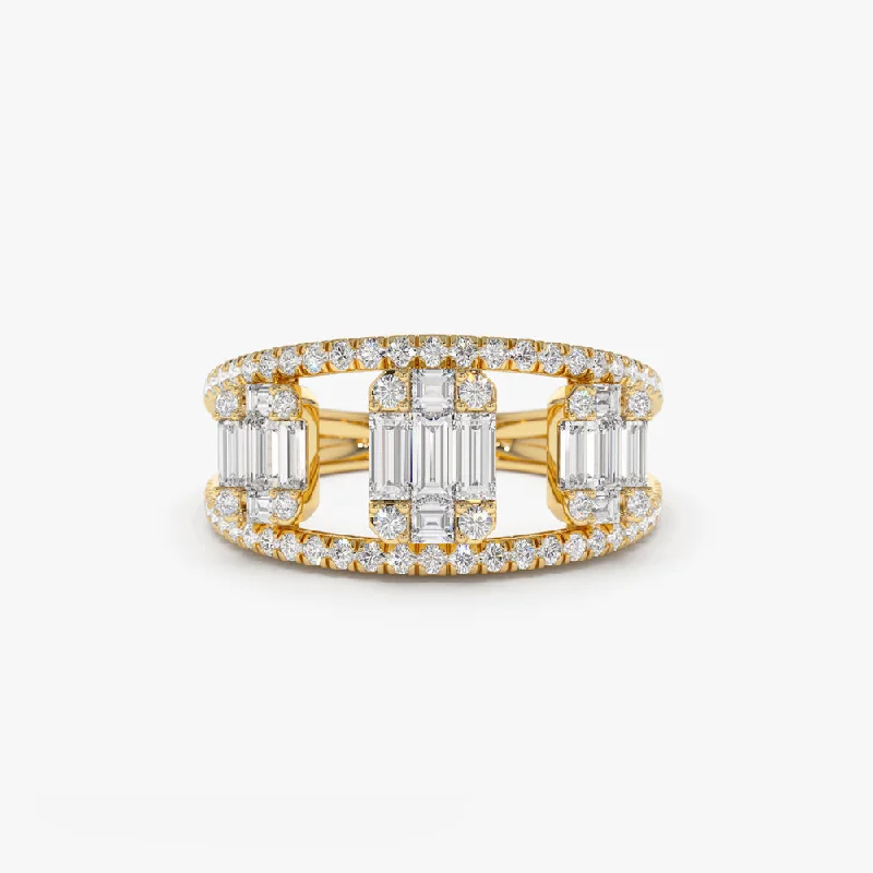 Fashionable Engagement Ring Designs-14k Baguette and Round Diamond Illusion Setting Cocktail Ring