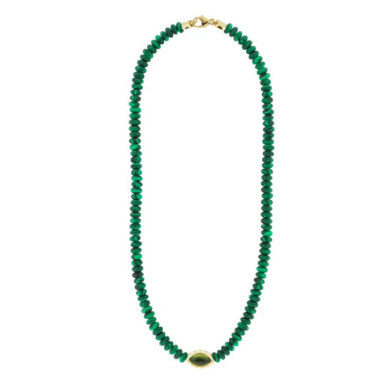 Elegant Pendant Necklaces-Peridot Eye of the Idol on Malachite Beaded Necklace