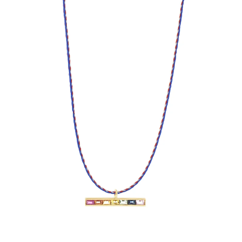 Bridal Necklaces-Rainbow Sapphire Baguette ID Bar on Cord Necklace