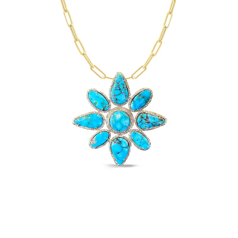 Chunky Necklaces-14k Gold Kingman Turquoise Flower Necklace