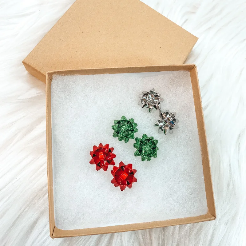 Silver and Gold Hoop Earrings-Holiday Special | Set of 3 Gift Bow Stud Earrings in Silver, Red, and Green in Gift Box