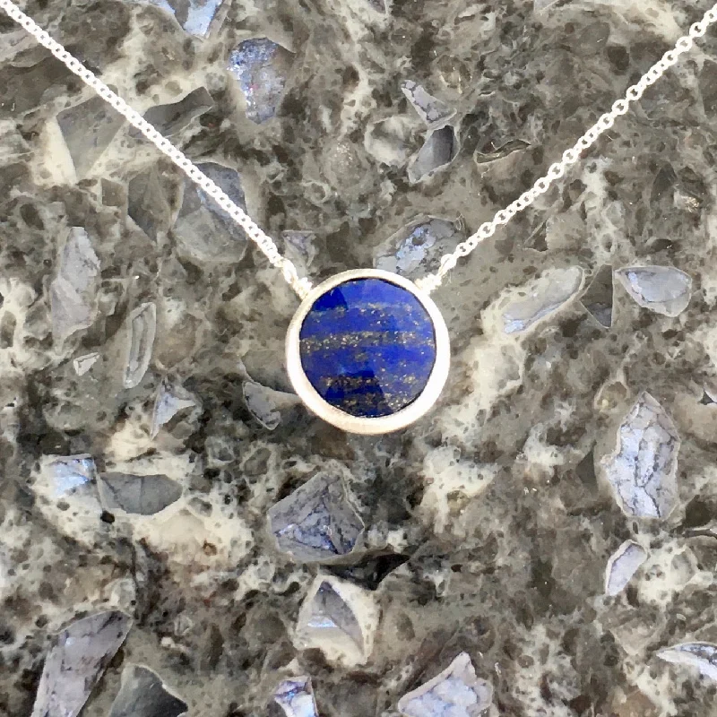 Nameplate Necklaces-Faceted Lapis Disk Sterling Silver Pendant Necklace