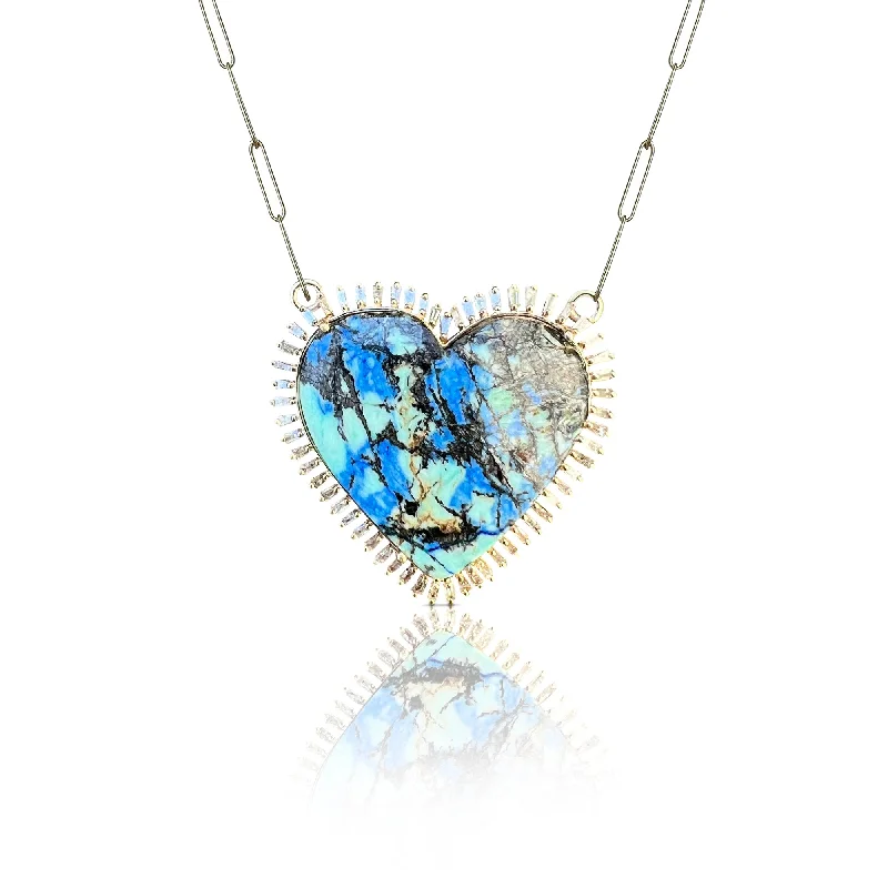 Zodiac Pendant Necklaces-14k Azurite Turquoise Baguette Heart Charm Necklace