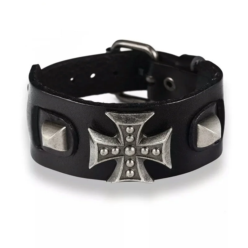 Natural Stone Bracelets for Healing-Iron Cross Leather Bracelet