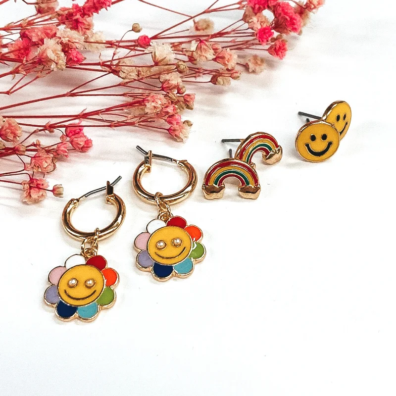 Classic Hoop Earrings-Happy Rainbows Gold Earring Set