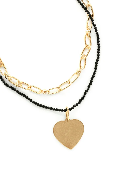 Designer Silver Necklaces-Layered Heart Charm Necklace - Black