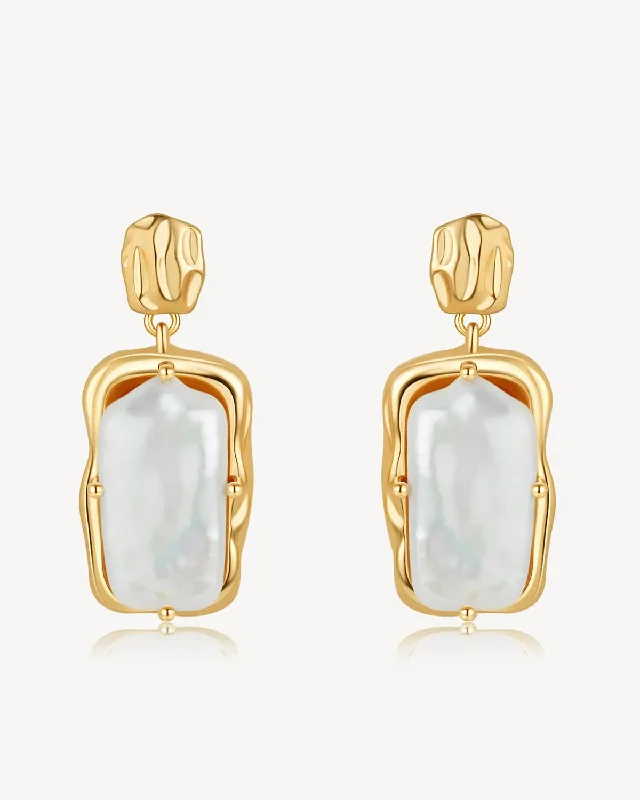 Crystal Stud Earrings-Square Baroque Pearl Earrings