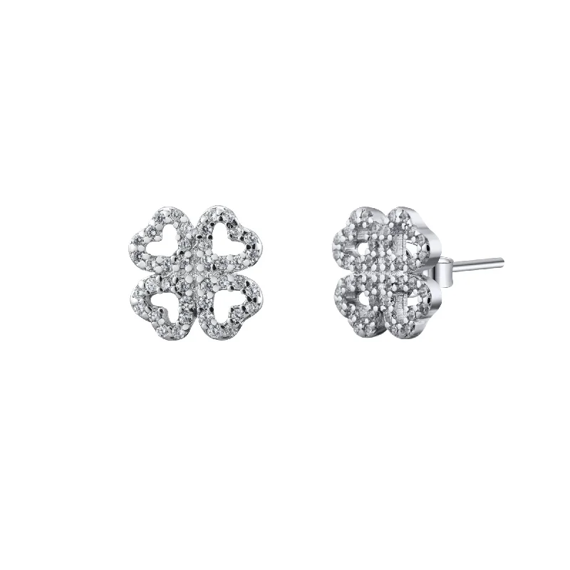 Elegant Drop Stud Earrings-Four Leaf Clover Irish Shamrock Crystal Pave Stud Earrings