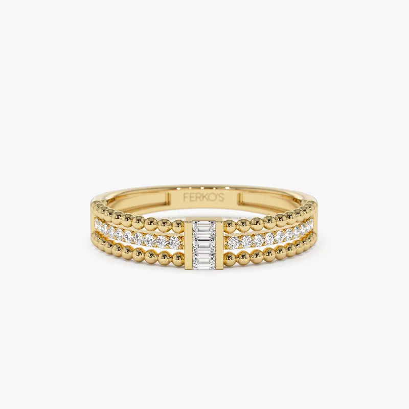 Classic Gold Wedding Rings-14k Beaded Baguette and Round Diamond Ring