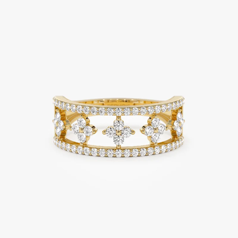 Custom Gold Wedding Ring Sets-14k Double Row Pave Diamond Ring w/ Diamond Cluster Accents