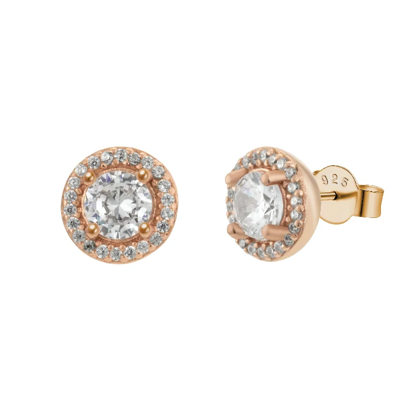 Large Gemstone Drop Earrings-Rose Gold Round Sparkle Halo Crystal Pave Stud Earrings