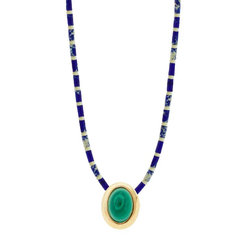 Nameplate Necklaces-Oval Malachite Cabochon on Jasper Beaded Necklace