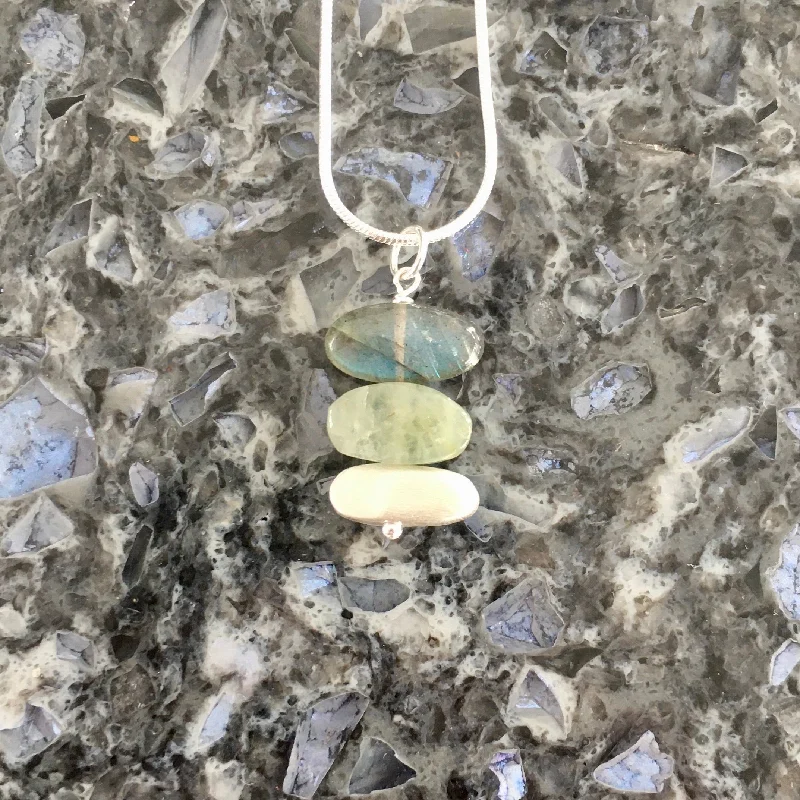 Personalized Gold Necklaces-Short Stacked Aquamarine, Labradorite and Brushed Sterling Silver Stones Pendant Necklace