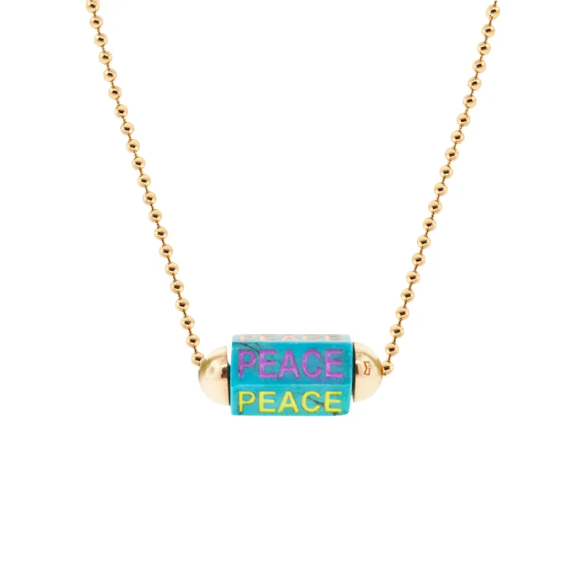 Adjustable Pendant Necklaces-Enameled "Peace" Turquoise Hexagon Ball Chain Necklace