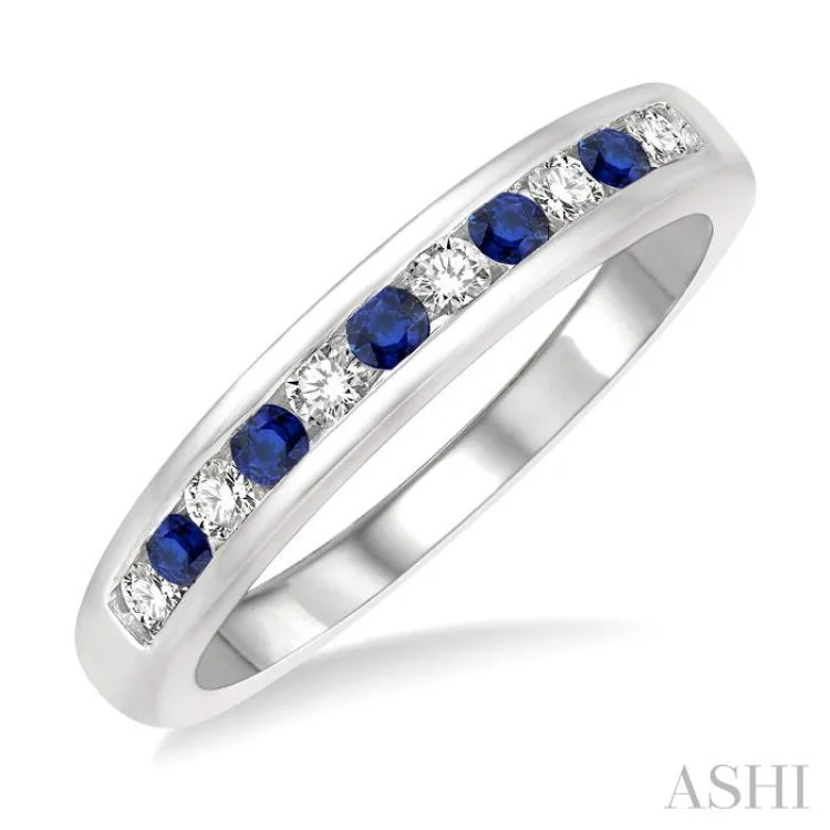 Unique Men’s Wedding Bands-1/5 ctw Round Cut Diamond and 2MM Sapphire Precious Wedding Band in 14K White Gold