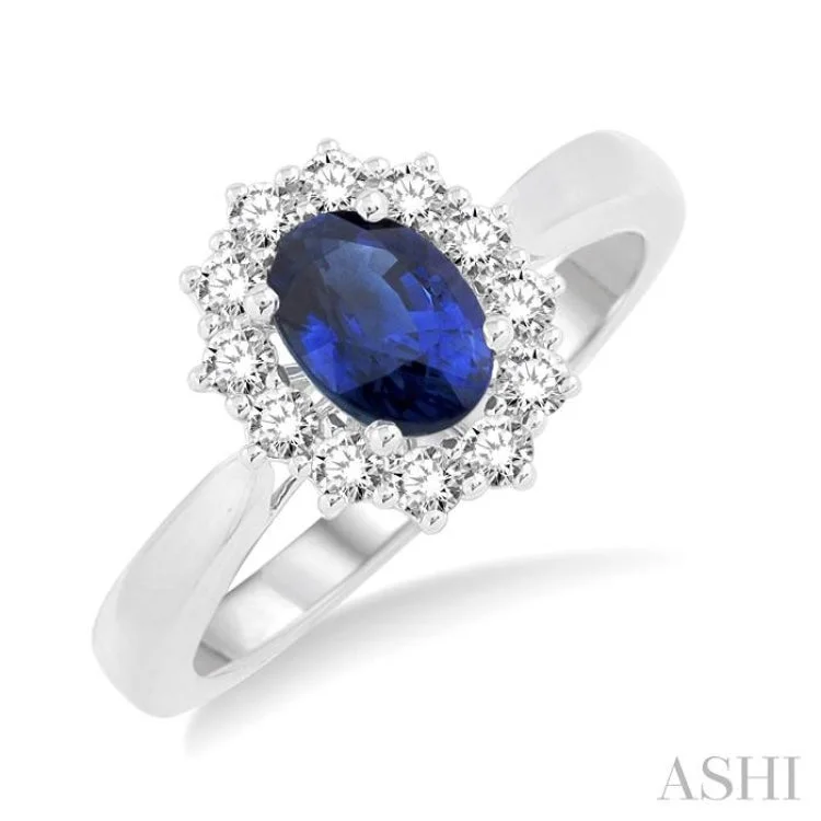 Unique Engagement Rings with Gemstones-7X5mm Oval Shape Sapphire and 1/3 Ctw Round Cut Diamond Ring in 14K White Gold