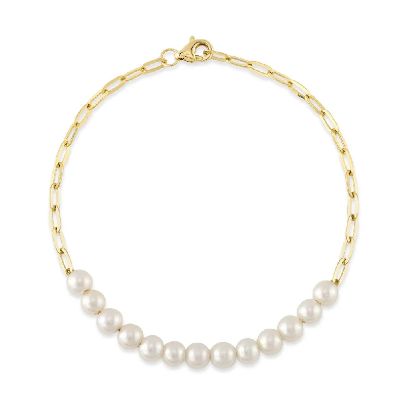 Simple Crystal Bracelets for Women-14K Yellow Gold Cultured Pearl Paper Clip Link Bracelet