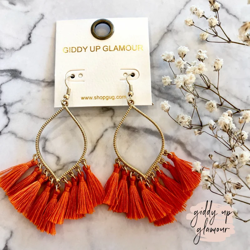 Elegant Crystal Earrings for Women-Gold Outline Drop Earrings with Fringe Tassels in Orange