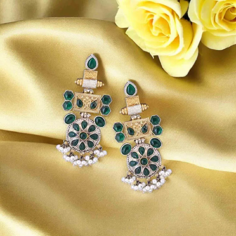 Designer Crystal Hoop Earrings-Emerald Girisa Oxidised Danglers