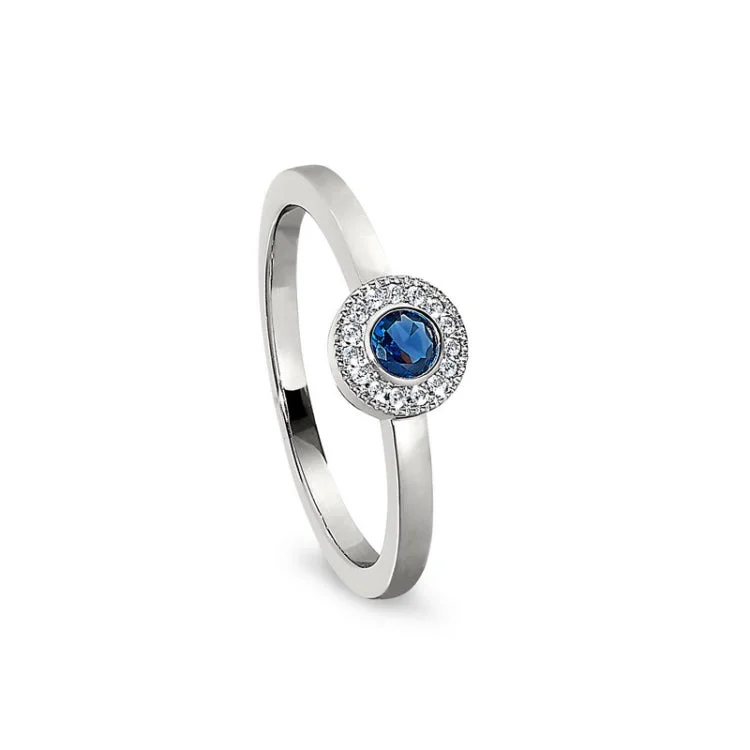 Customizable Promise Bands-Platinum Finish Sterling Silver Micropave Round Simulated Sapphire Ring with Simulated Diamonds Size 9