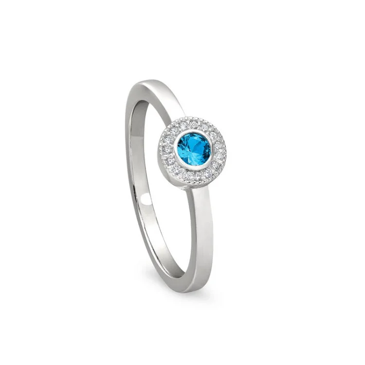 Classic Engagement Ring Styles-Platinum Finish Sterling Silver Micropave Round Simulated Blue Topaz Ring with Simulated Diamonds Size 6