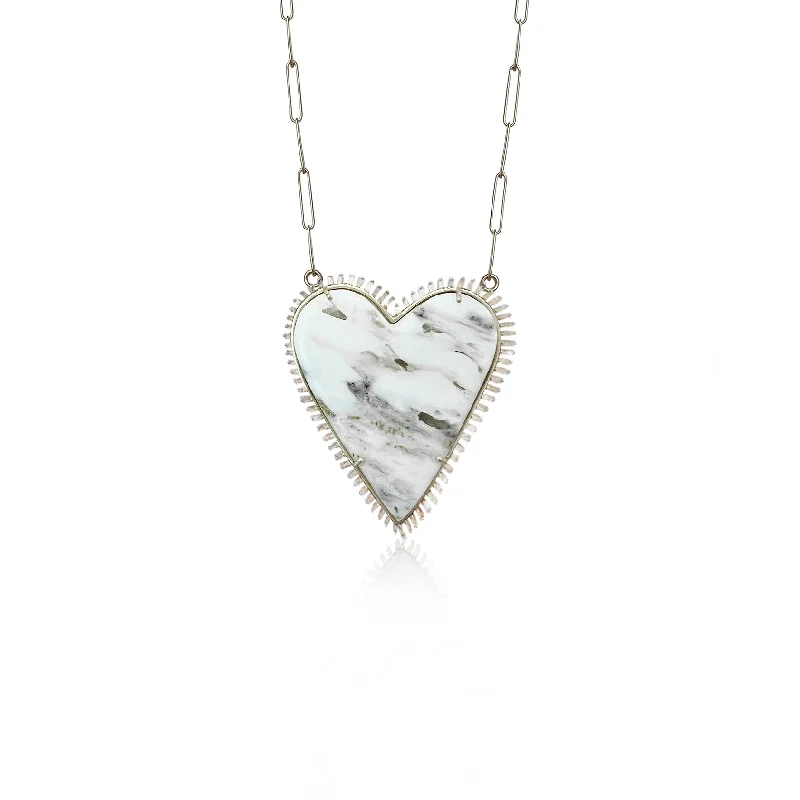 Custom Engraved Necklaces-14k Large White Buffalo Heart Baguette Necklace