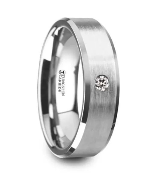 Fashion Engagement Rings for Women-PORTER Brushed Finish Tungsten Ring with White Diamond Setting and Beveled Edges