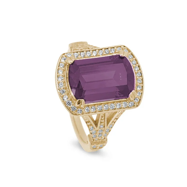 Custom Wedding Bands for Her-Gold Finish Sterling Silver Micropave Emerald Cut Pink Stone Ring with Simulated Diamongs