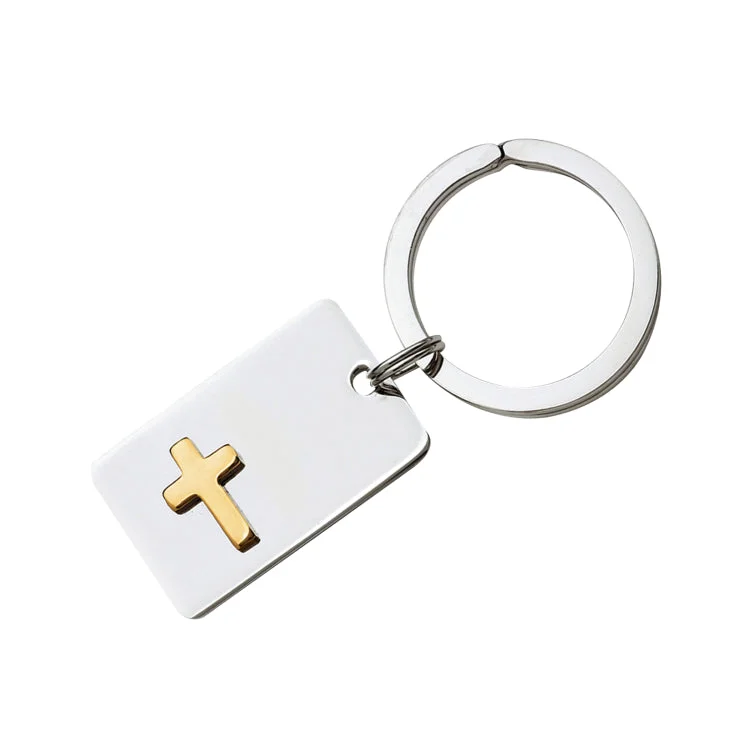 Personalized Engagement Rings for Men-Rhodium Finish Key Ring W/Gold Finish Cross