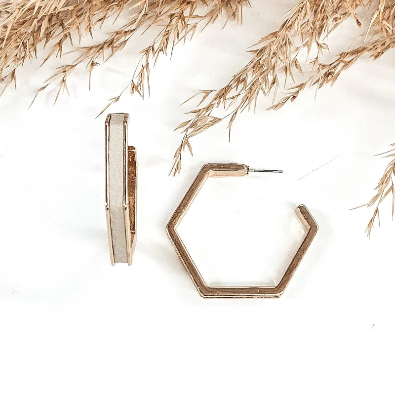 Handmade Gold Earrings-Gold Hexagon Hoops with Leather Inlay in Grey