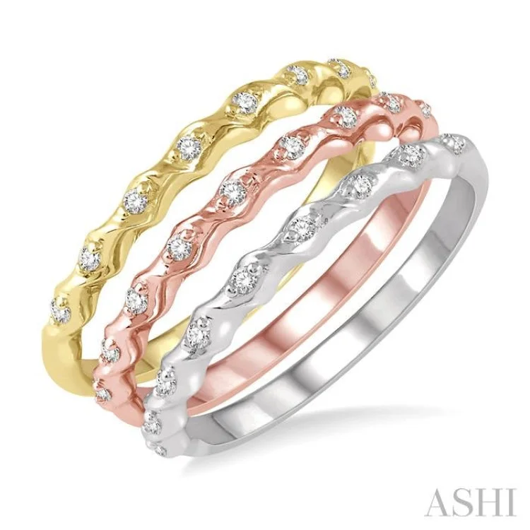 Vintage Engagement Rings with Colored Diamonds-1/5 ctw Twisted Top Three Tone Round Cut Diamond Stackable Band in 14K White, Yellow and Rose Gold