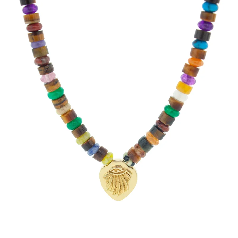 Mother’s Day Necklaces-Angel Wing Shield Pendant on Multi Gemstone Beaded Necklace