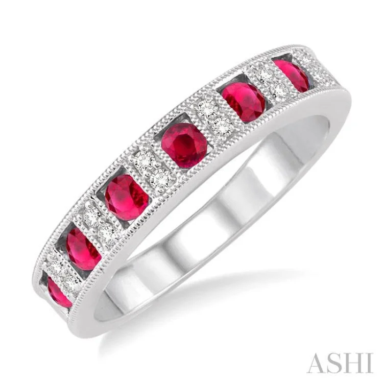 Classic Gold Wedding Rings-2.5 mm Round Cut Ruby and 1/10 Ctw Round Cut Diamond Band in 14K White Gold