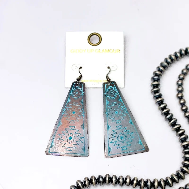 Luxury Pearl Earrings-Aztec Tooled Earrings in Turquoise and Copper Tone