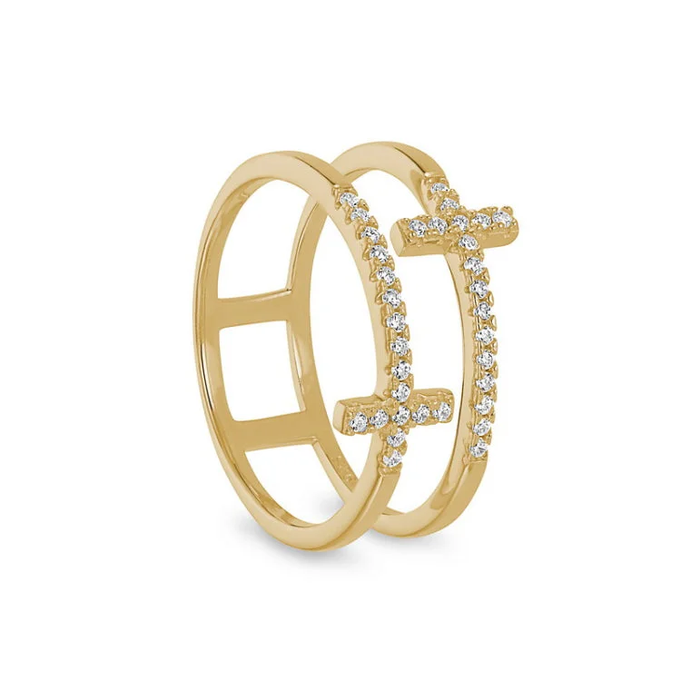 Luxury Wedding Bands with Diamonds-Gold finish sterling silver micropave double cross ring with simulated diamonds