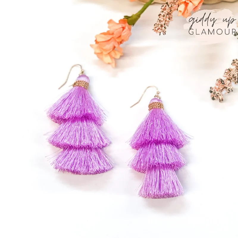 Custom Gold Drop Earrings-Three Tiered Tassel Earrings in Lilac