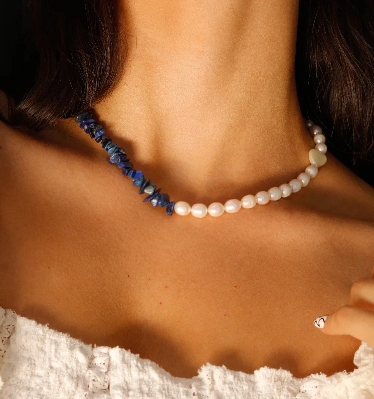 Gemstone Necklaces-Pearl Choker Necklace With Lapis