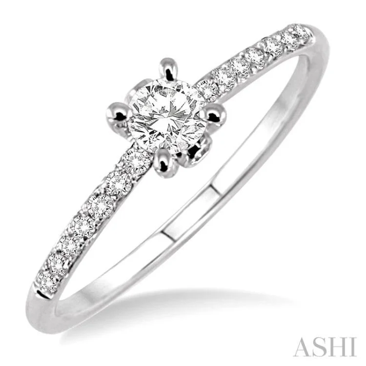 Custom Heart-Shaped Wedding Rings-1/3 Ctw Diamond Engagement Ring with 1/5 Ct Round Cut Center Stone in 14K White Gold