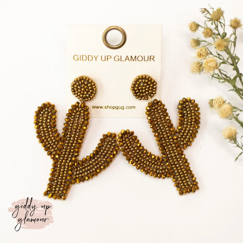 Trendy Gemstone Earrings for Women-Seed Bead Cactus Post Earrings with Crystal Trim in Gold