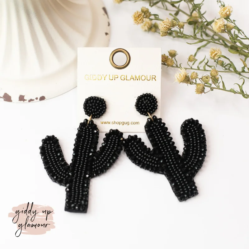 Sparkling Drop Earrings-Seed Bead Cactus Post Earrings with Crystal Trim in Black