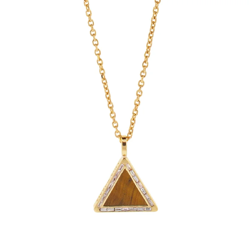 Birthstone Necklaces-Tiger's Eye Triangle Pendant Necklace with Diamond Baguettes