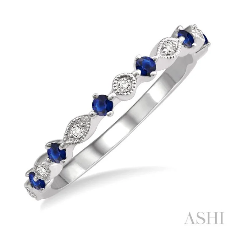 Affordable Designer Engagement Rings-1.80 MM Round Cut Sapphire and 1/20 Ctw Round Cut Diamond Half Eternity Wedding Band in 14K White Gold