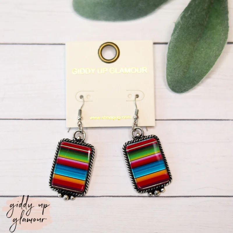 Simple Hoop Drop Earrings for Women-Silver Rectangle Earrings in Serape